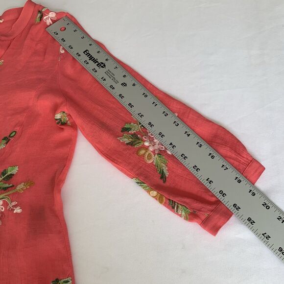 Hope Springs Embroidered Tunic Top M Coral Pink Sheer Floral Button 3/4 Sleeve - Picture 10 of 10
